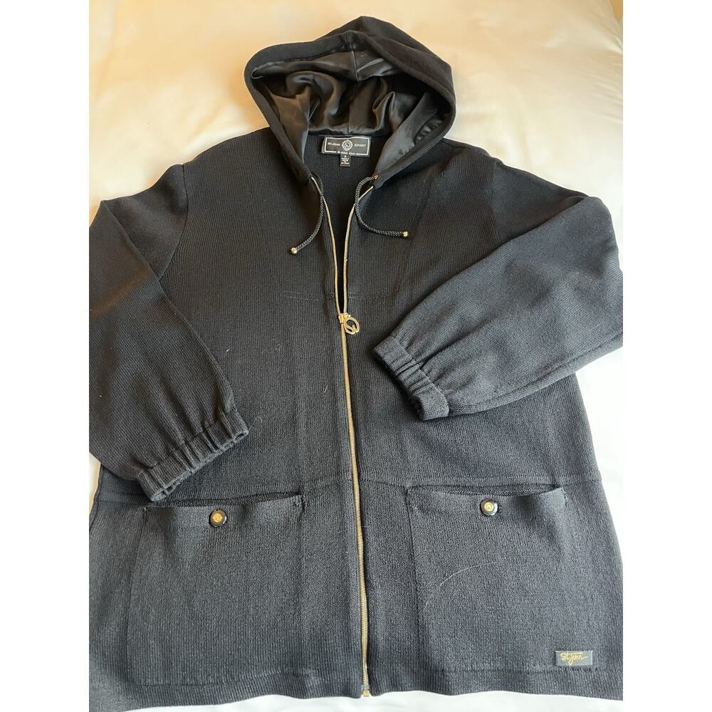 St. John Sport Black Hooded Full Zip Jacket Women's Logo Pockets